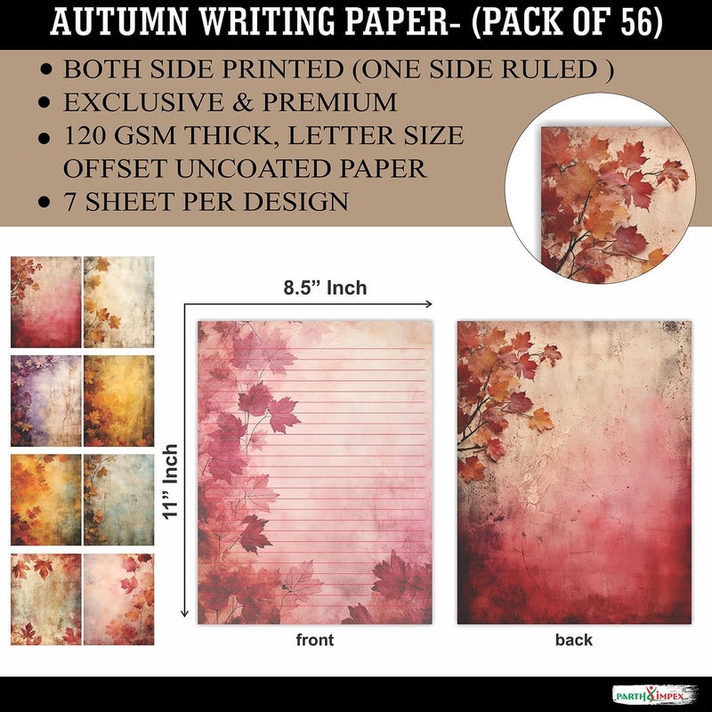 PARTH IMPEX 56 Sheets Vintage Lined Writing Paper 8.5x11 - Letter Size Ruled Stationery Rustic Old Looking Letterhead Printer Paper - 120gsm Thick Decorative Colored Antique Aged Autumn Design - Image 2